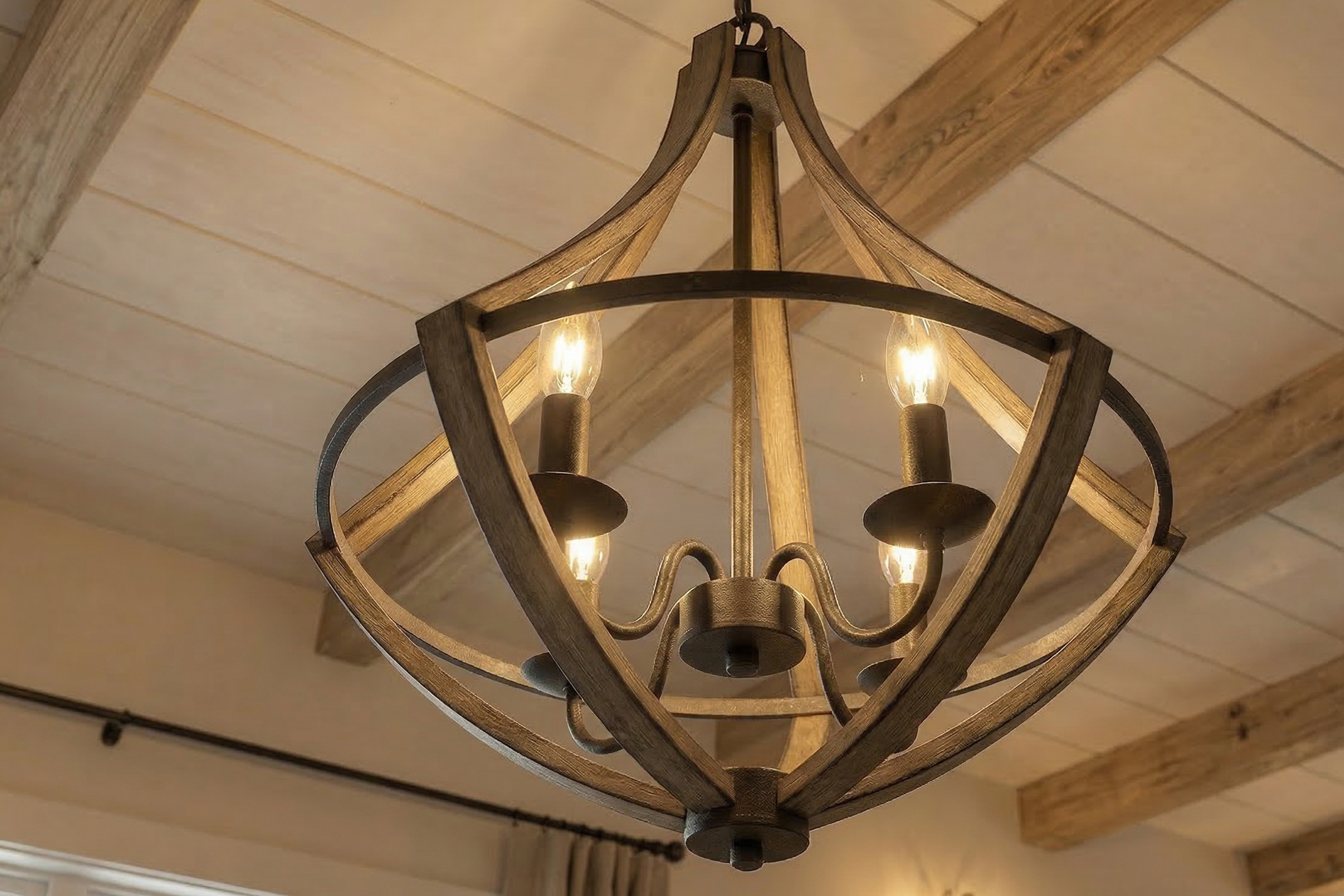 rustic wood chandelier ceiling light with exposed bulbs and metal frame